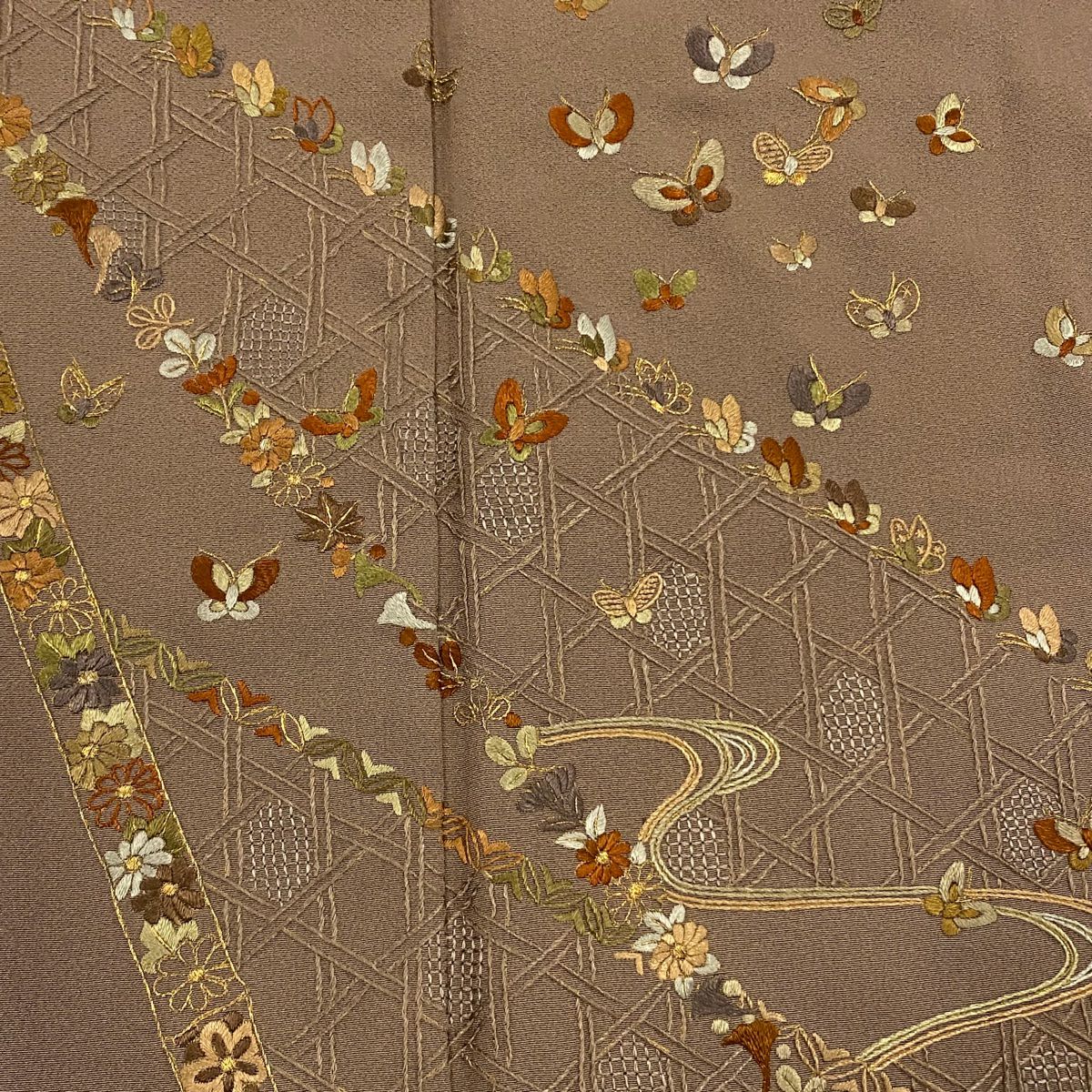 訪問服 身長152cm 袖長62cm S 雙層 蝶 草花紋紋 刺繡 金糸 淺茶 純蠶絲 名品級