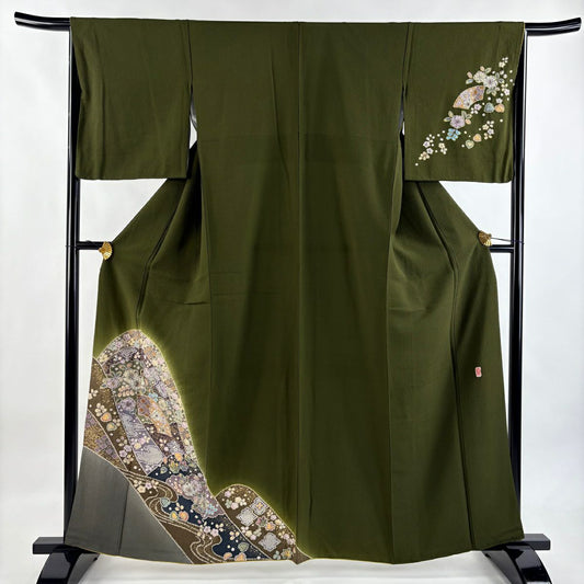 付下 身長161.5cm 袖長65cm M 雙層 翠山工房 大和 落款 辻花染 扇子面 金銀彩 漸層 茶綠 純蠶絲 名品級
