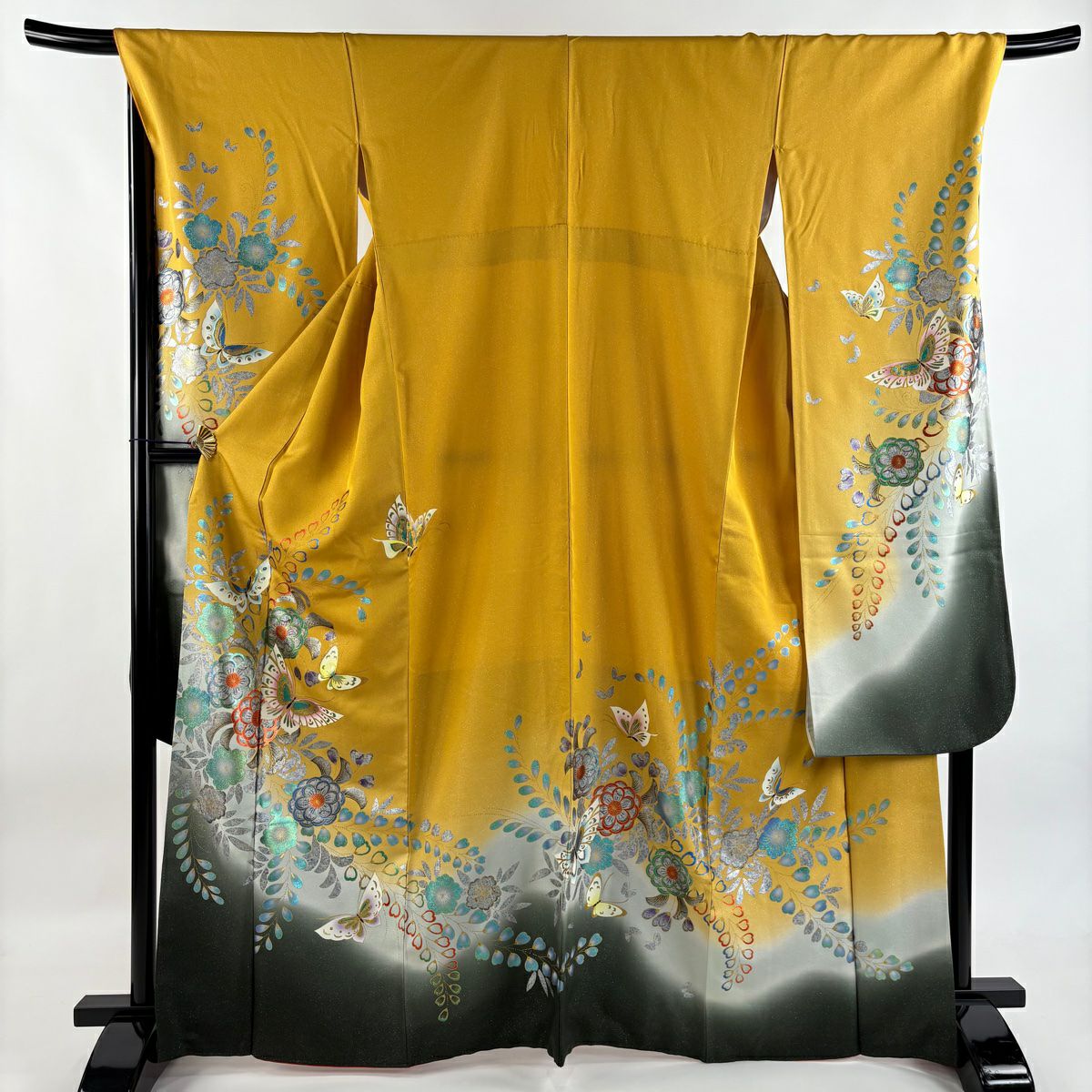 振袖禮服 身長167cm 袖長69cm L 雙層 草花紋紋 蝶 金通し 金銀彩 山吹 純蠶絲 名品級
