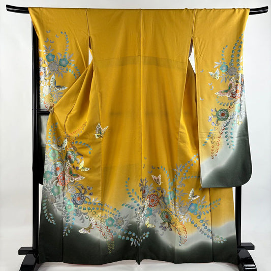 振袖禮服 身長167cm 袖長69cm L 雙層 草花紋紋 蝶 金通し 金銀彩 山吹 純蠶絲 名品級