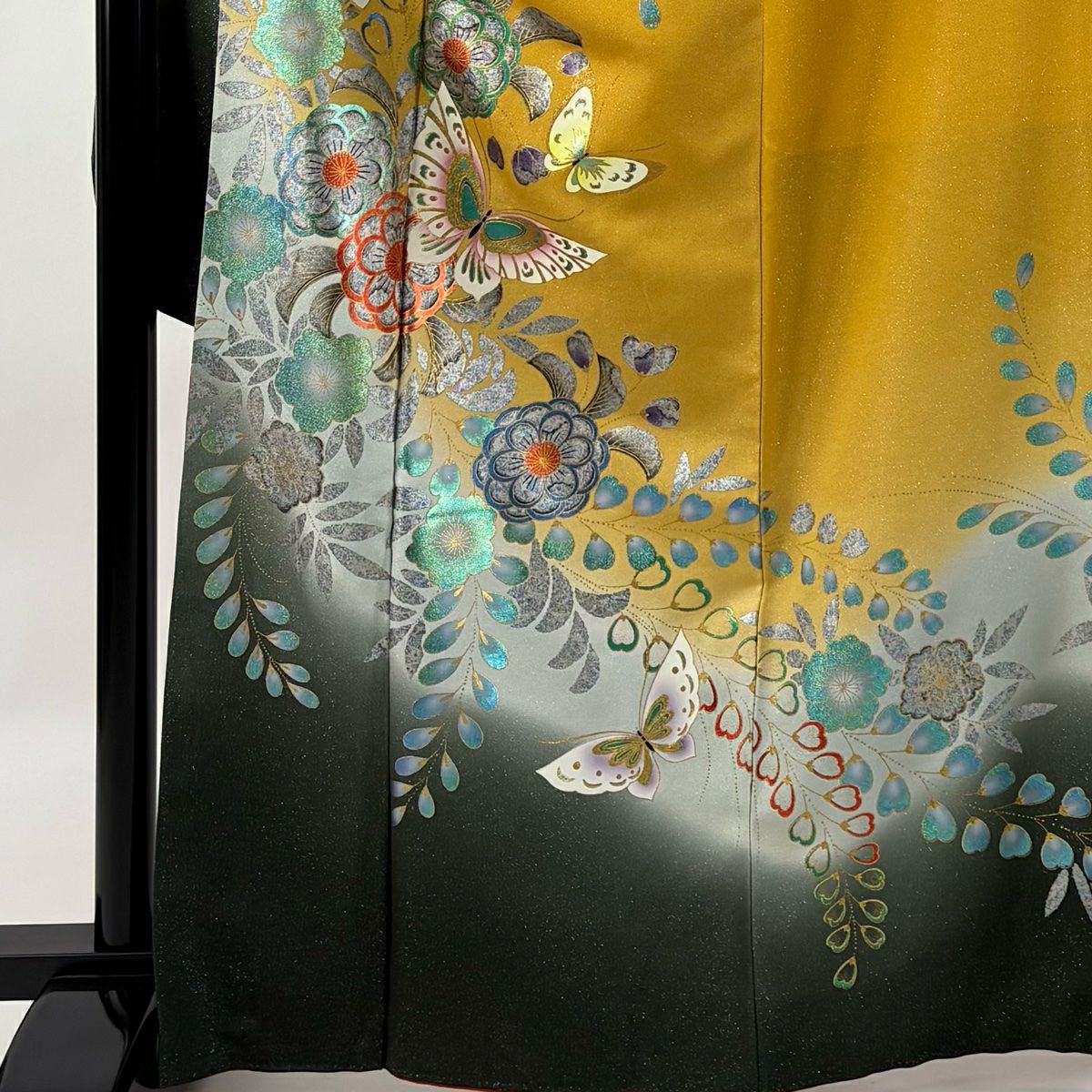 振袖禮服 身長167cm 袖長69cm L 雙層 草花紋紋 蝶 金通し 金銀彩 山吹 純蠶絲 名品級