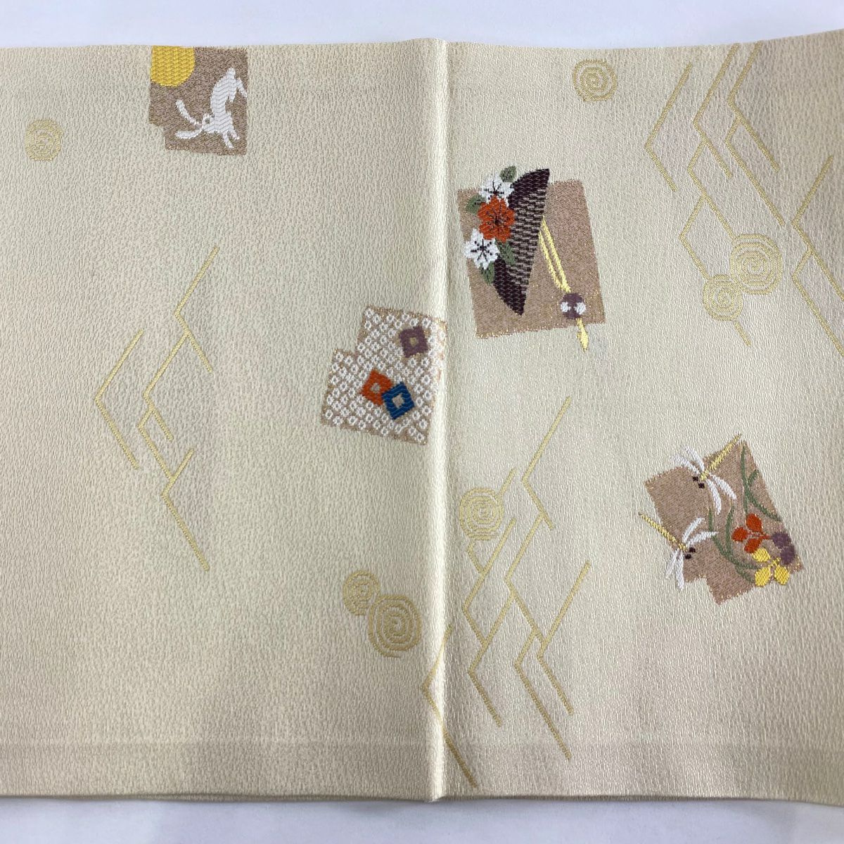 開口名古屋帶 優品級 螳螂 梳子 金絲 金金箔 奶油色 純蠶絲