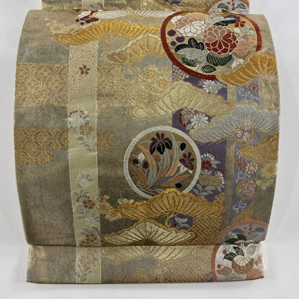 袋帶 秀品級 關西仕立 雙圓紋 花蝶 米色 六通 純蠶絲