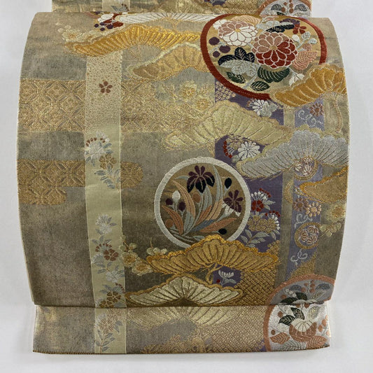 袋帶 秀品級 關西仕立 雙圓紋 花蝶 米色 六通 純蠶絲