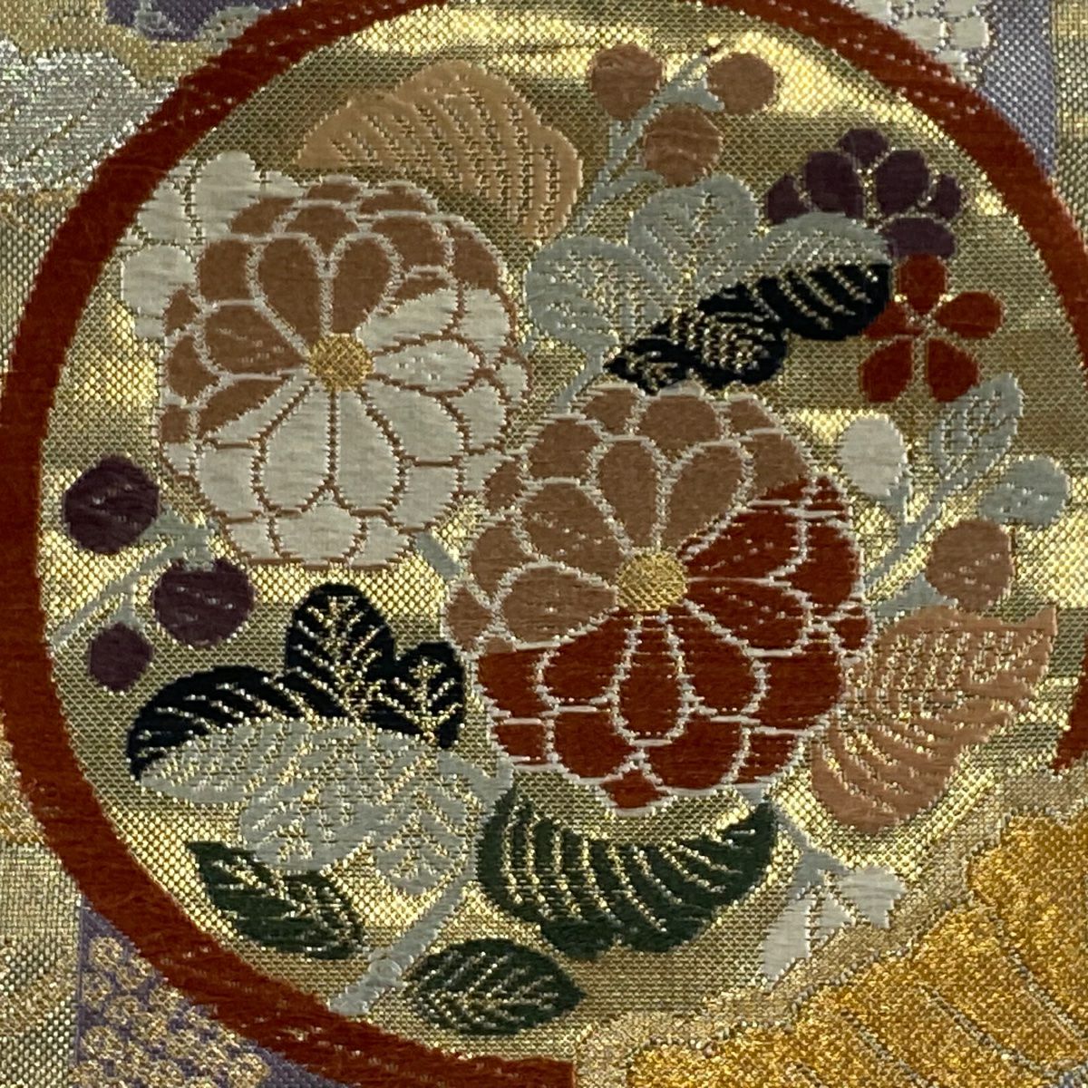 袋帶 秀品級 關西仕立 雙圓紋 花蝶 米色 六通 純蠶絲