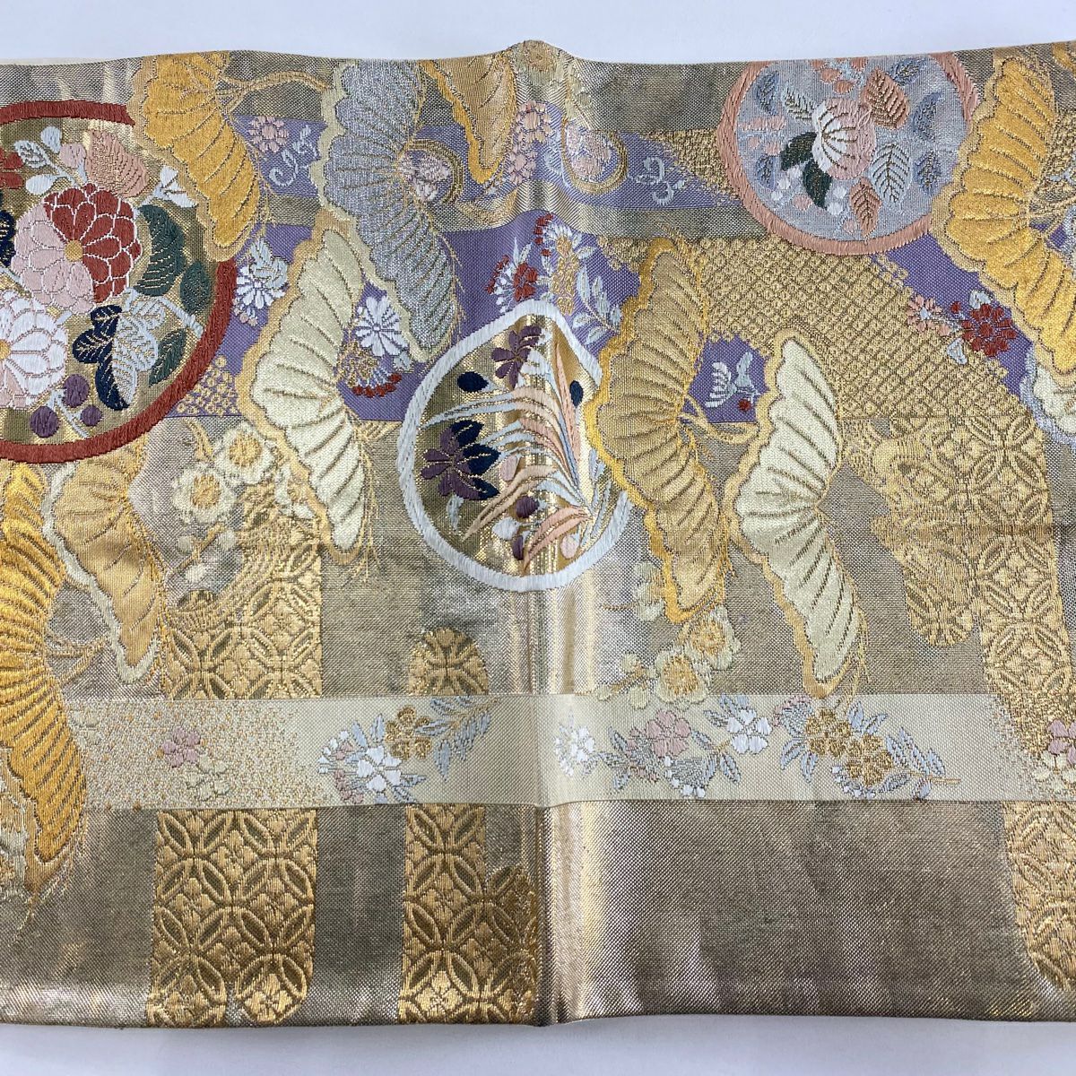 袋帶 秀品級 關西仕立 雙圓紋 花蝶 米色 六通 純蠶絲