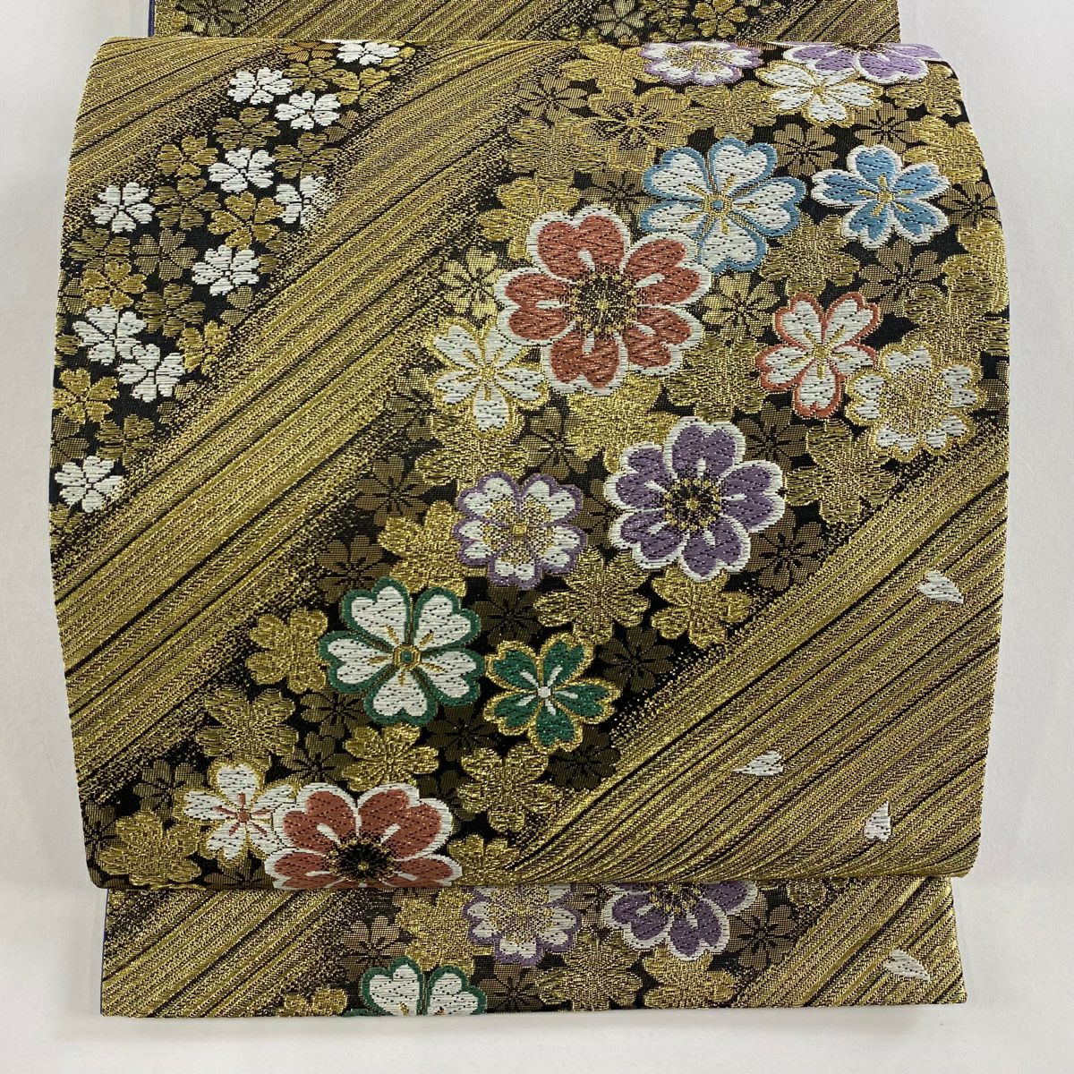 【美品】 袋帶 優品級 櫻花花瓣 金絲 金金箔 黑 六通 純蠶絲