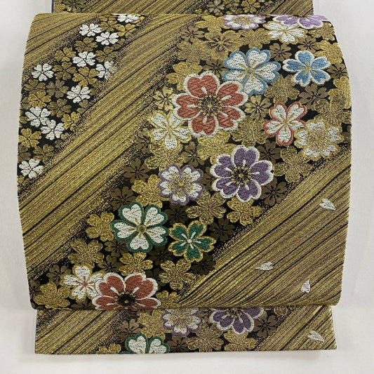 【美品】 袋帶 優品級 櫻花花瓣 金絲 金金箔 黑 六通 純蠶絲