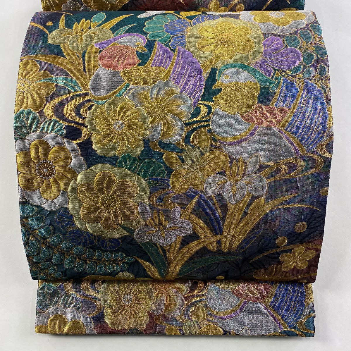 【美品】 袋帶 秀品級 草花紋紋 鴛鴦 金銀彩 金金箔 綠 六通 純蠶絲