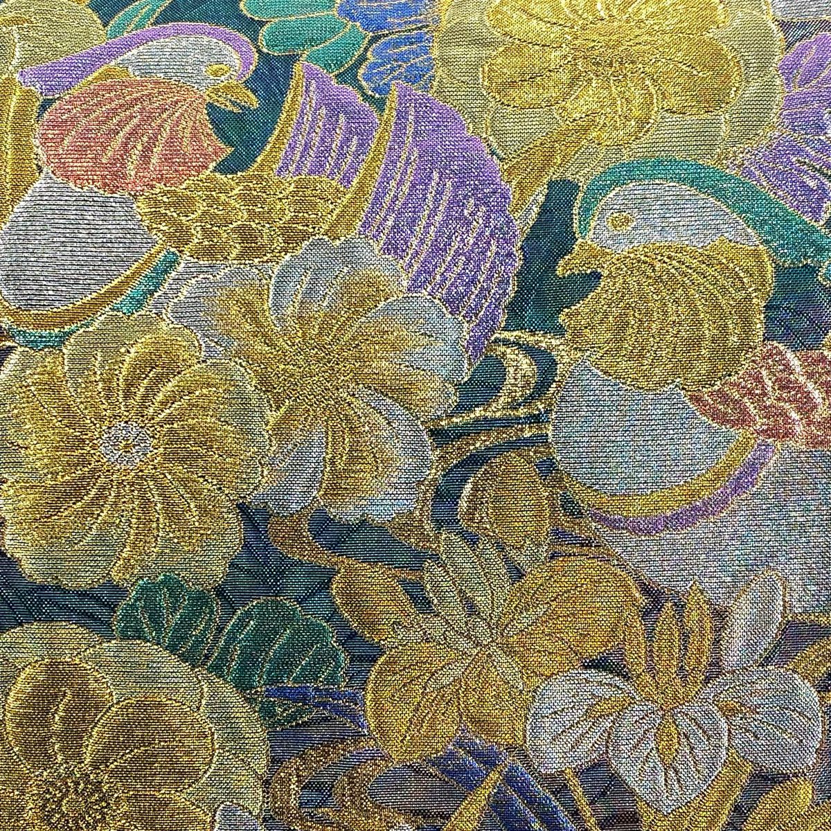 【美品】 袋帶 秀品級 草花紋紋 鴛鴦 金銀彩 金金箔 綠 六通 純蠶絲