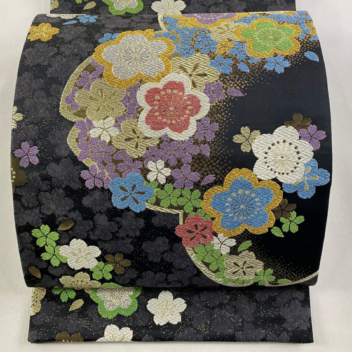 【美品】 袋帶 秀品級 花吹雪 櫻花 唐織 金金箔 黑 六通 純蠶絲