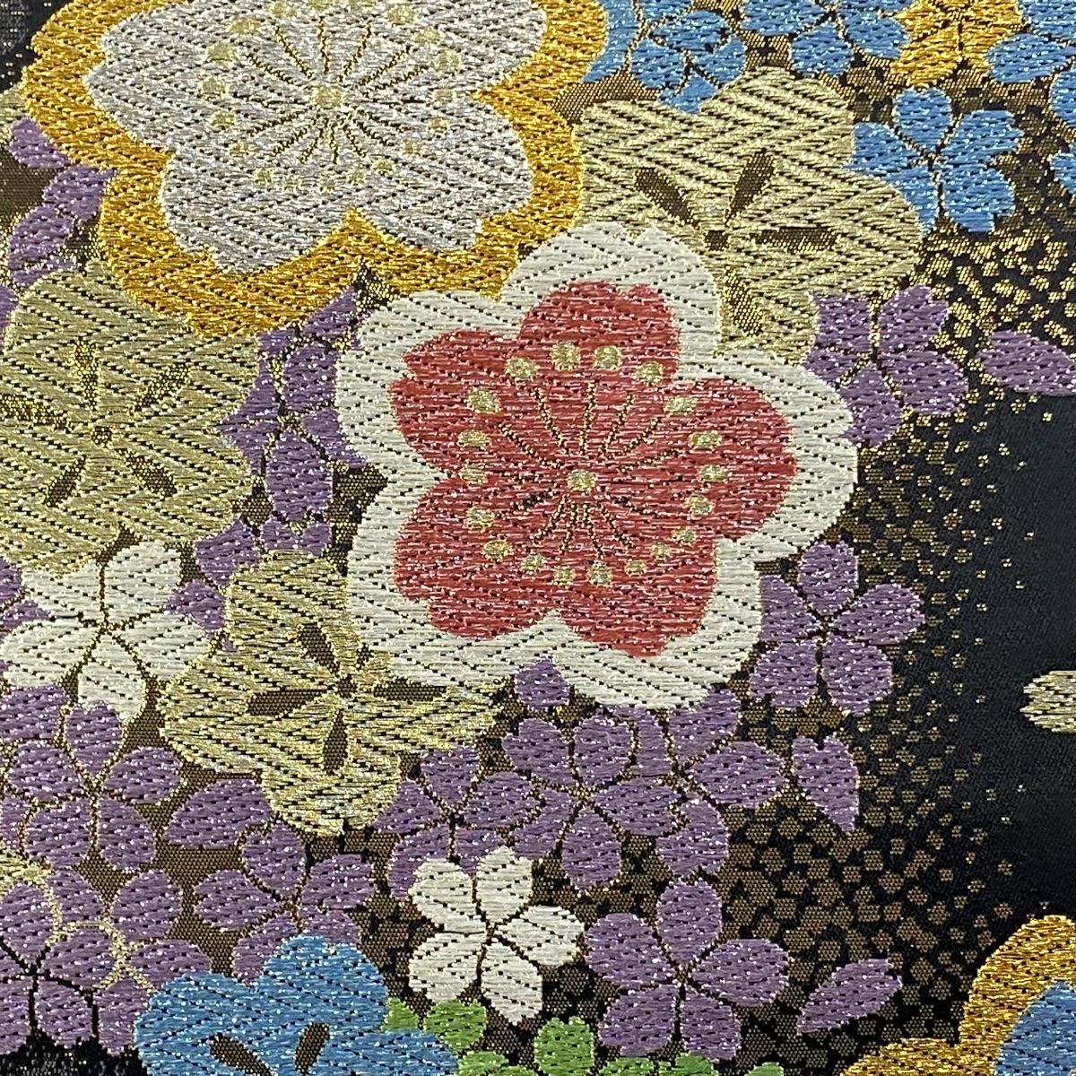 【美品】 袋帶 秀品級 花吹雪 櫻花 唐織 金金箔 黑 六通 純蠶絲