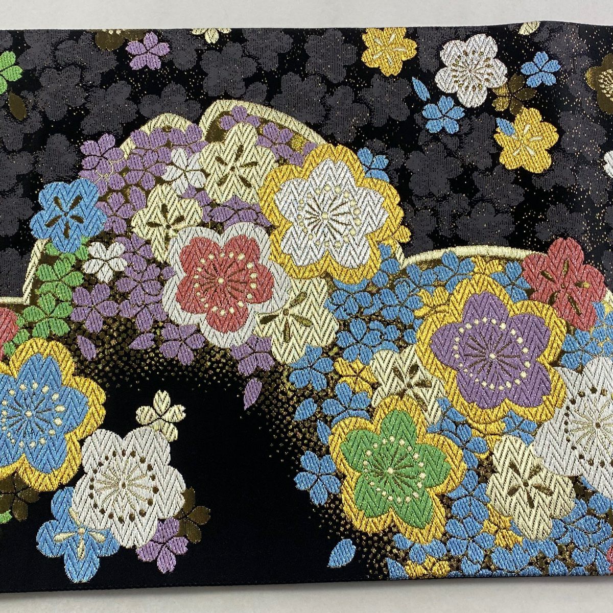 【美品】 袋帶 秀品級 花吹雪 櫻花 唐織 金金箔 黑 六通 純蠶絲