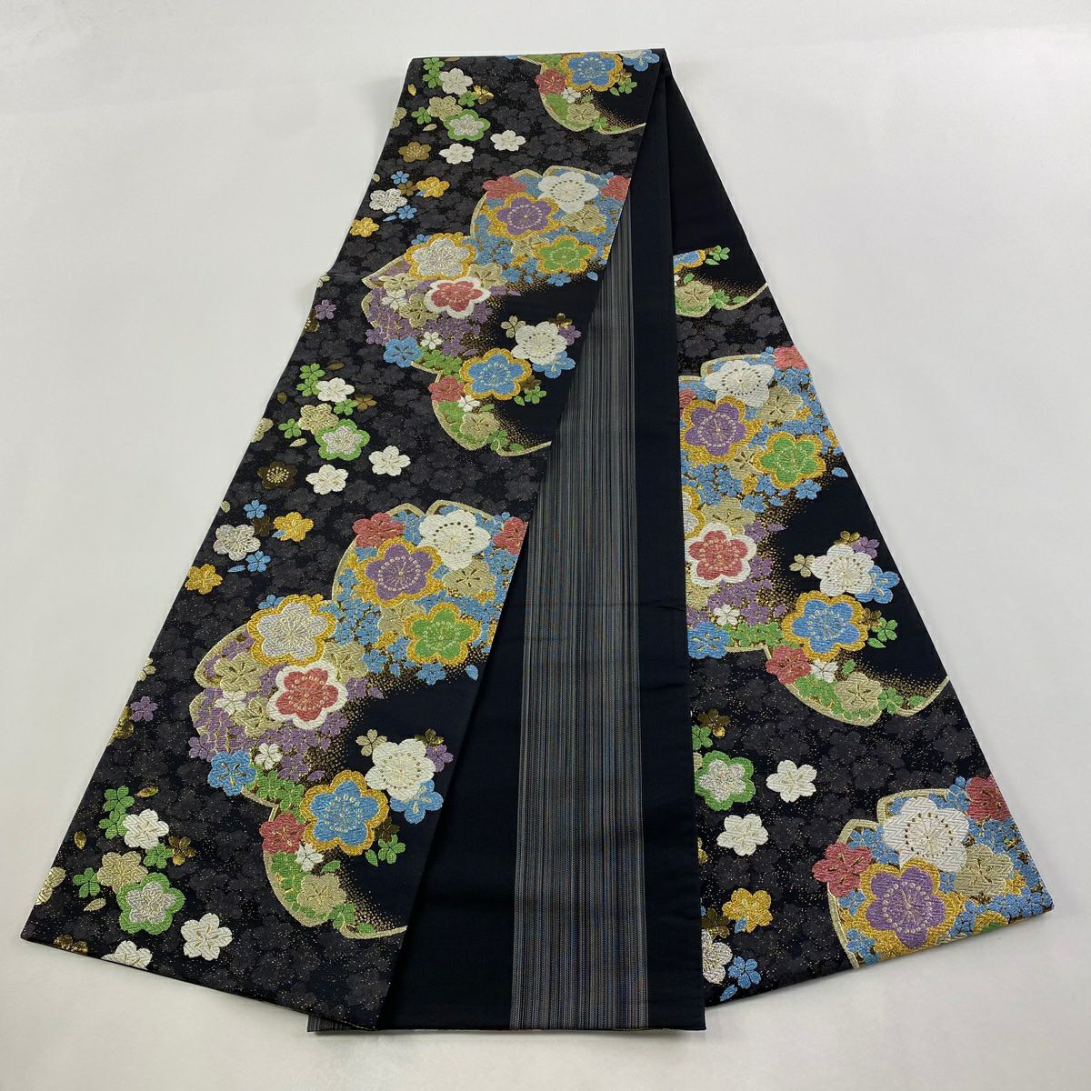 【美品】 袋帶 秀品級 花吹雪 櫻花 唐織 金金箔 黑 六通 純蠶絲