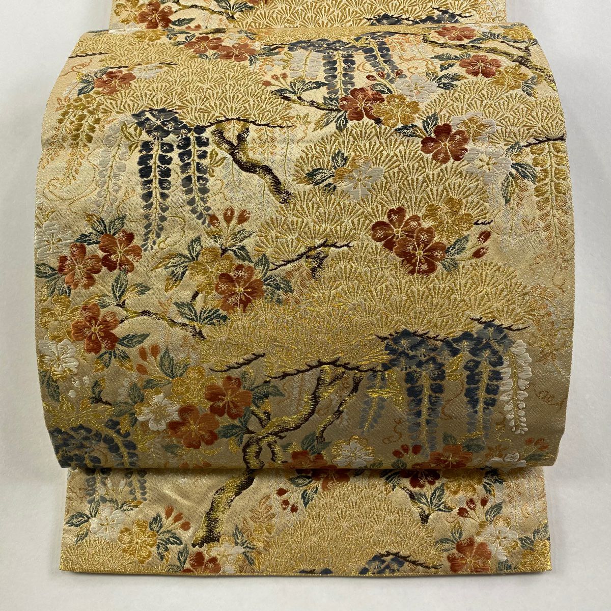 袋帶 秀品級 附有落款 松樹藤彩苑 櫻花 金絲 金金箔 金色 六通 純蠶絲