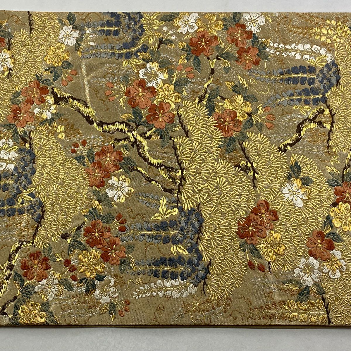 袋帶 秀品級 附有落款 松樹藤彩苑 櫻花 金絲 金金箔 金色 六通 純蠶絲