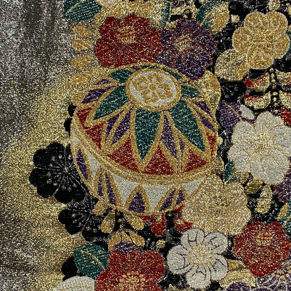 袋帶 秀品級 手鞠 草花紋紋 金金箔 銀 六通 純蠶絲