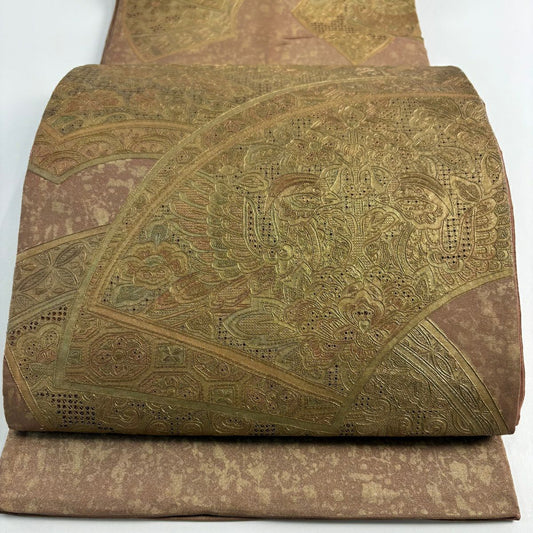 袋帶 秀品級 扇子面 花鳥 刺繡 金彩裝飾 小豆 深紅色 お太鼓圖案 純蠶絲