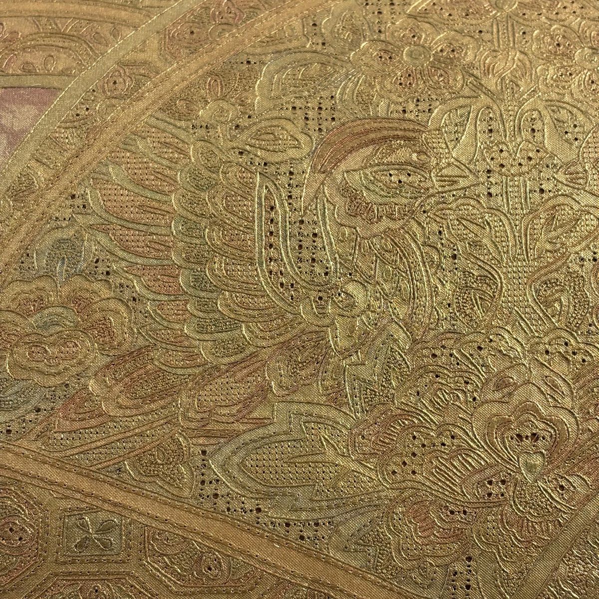 袋帶 秀品級 扇子面 花鳥 刺繡 金彩裝飾 小豆 深紅色 お太鼓圖案 純蠶絲