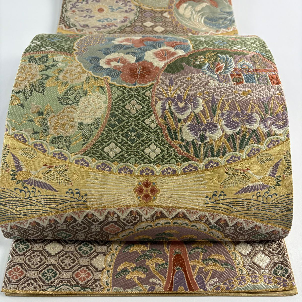 【美品】 袋帶 秀品級 關西仕立 花鳥 雪輪 金金箔 金絲 金色 六通 純蠶絲
