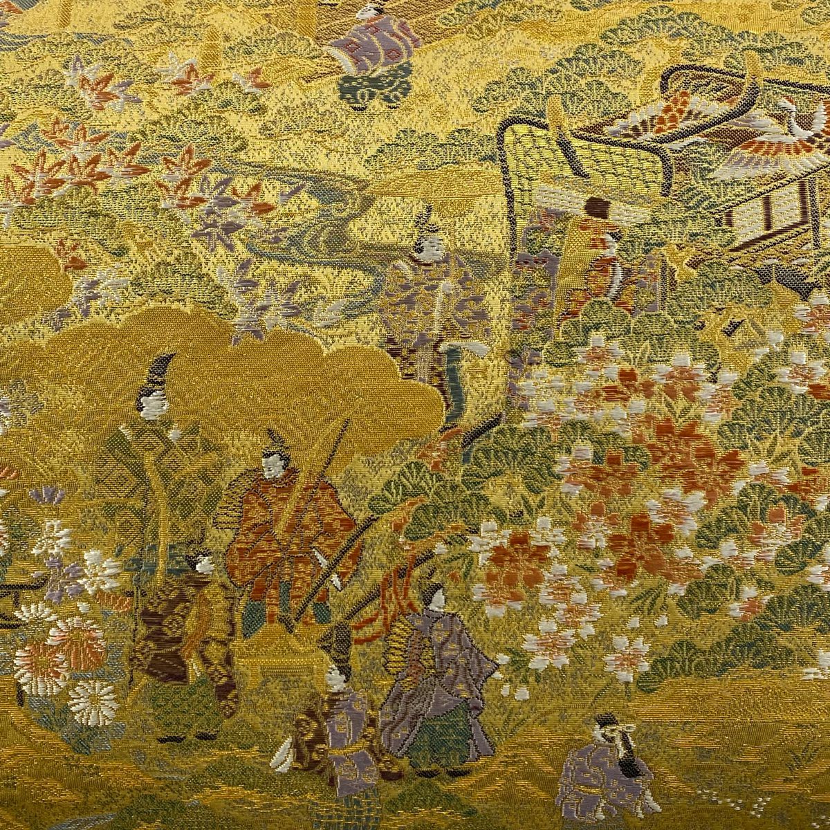 【美品】 袋帶 秀品級 洛中典雅 御所車 人物 金絲 金金箔 金色 六通 純蠶絲