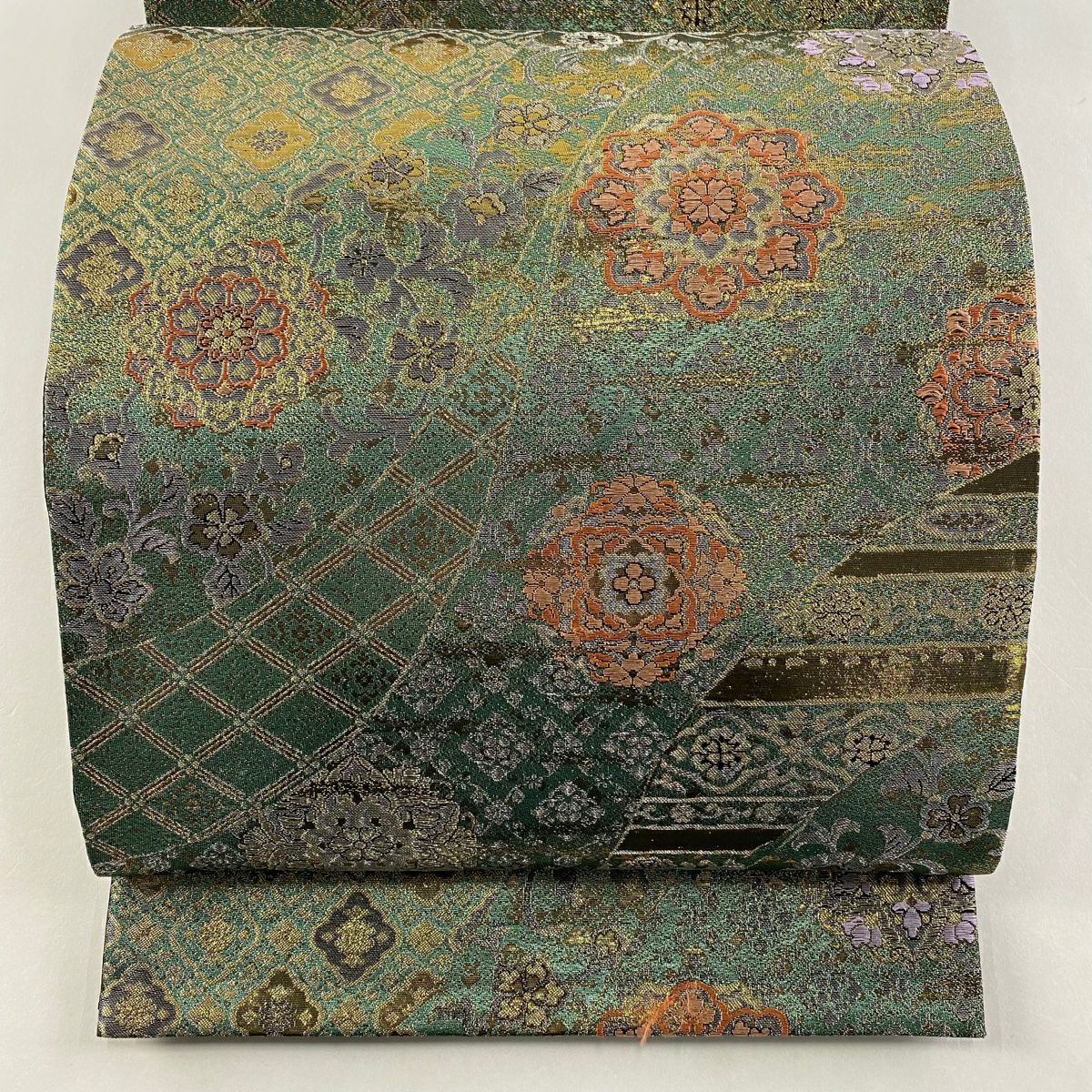 【美品】 袋帶 秀品級 華紋 草花紋 金糸 金金箔 綠 六通 純蠶絲
