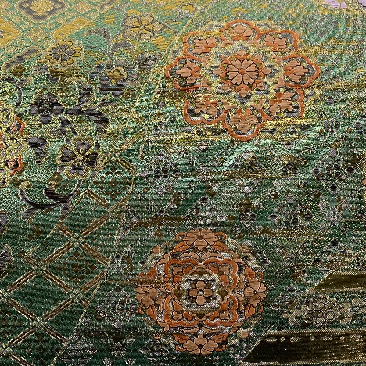 【美品】 袋帶 秀品級 華紋 草花紋 金糸 金金箔 綠 六通 純蠶絲