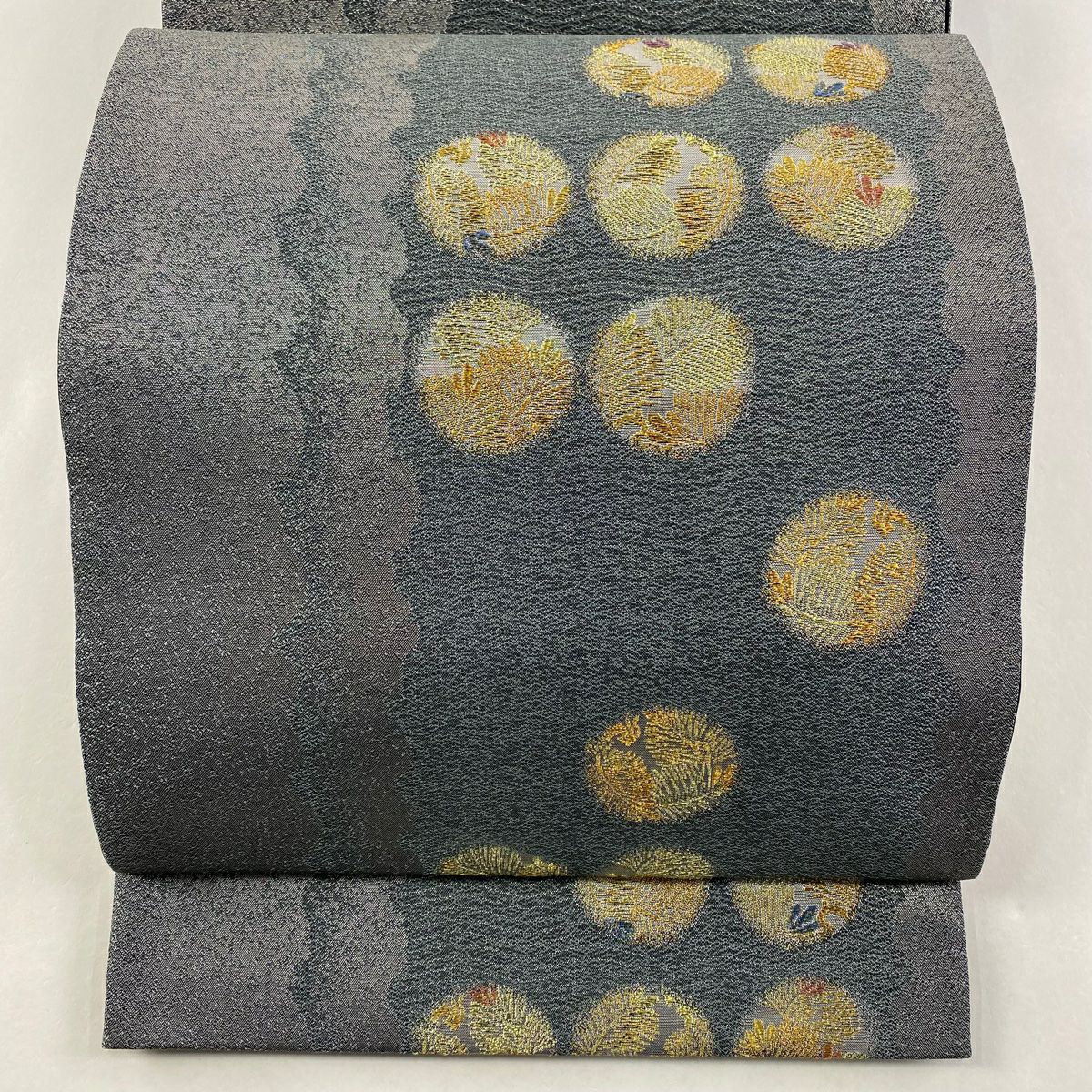 【美品】 袋帶 秀品級 圓文 若松樹 金絲 金金箔 灰綠 六通 純蠶絲