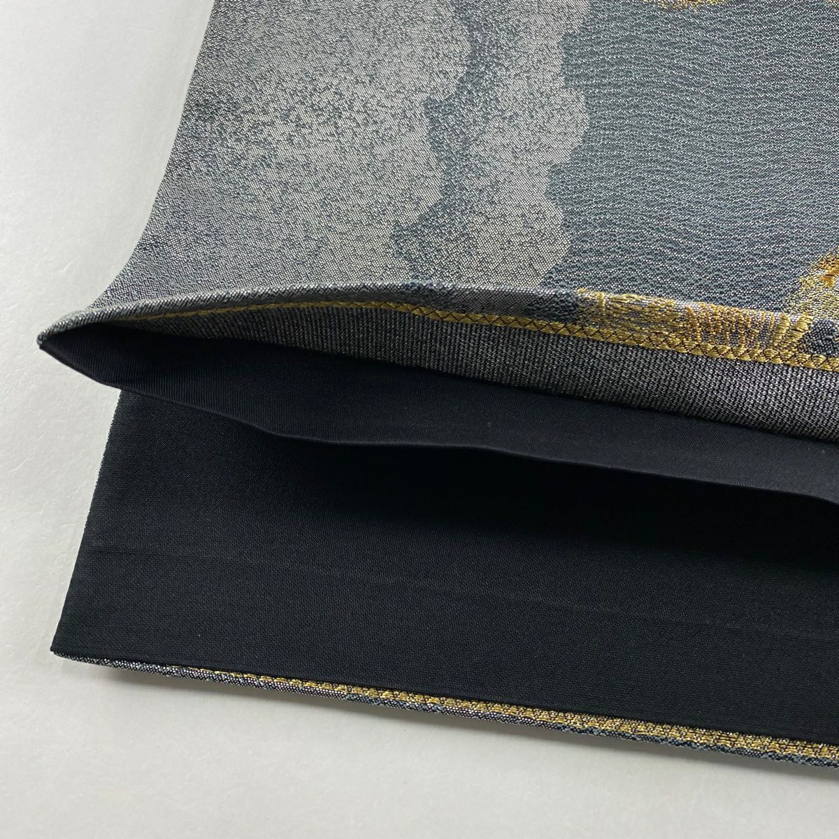 【美品】 袋帶 秀品級 圓文 若松樹 金絲 金金箔 灰綠 六通 純蠶絲