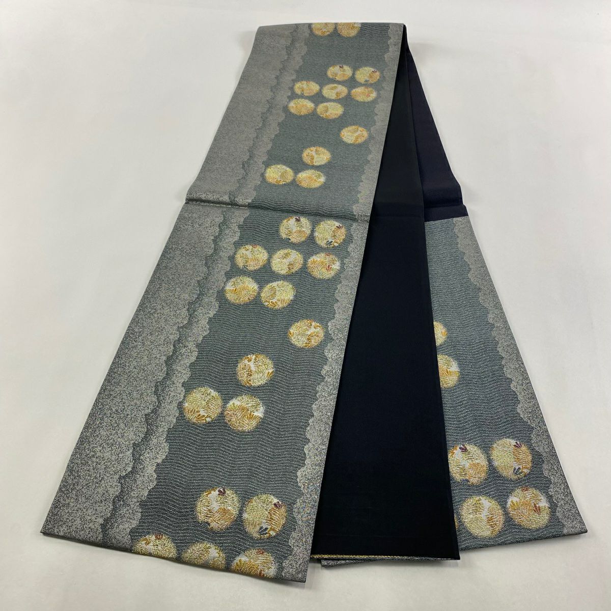 【美品】 袋帶 秀品級 圓文 若松樹 金絲 金金箔 灰綠 六通 純蠶絲
