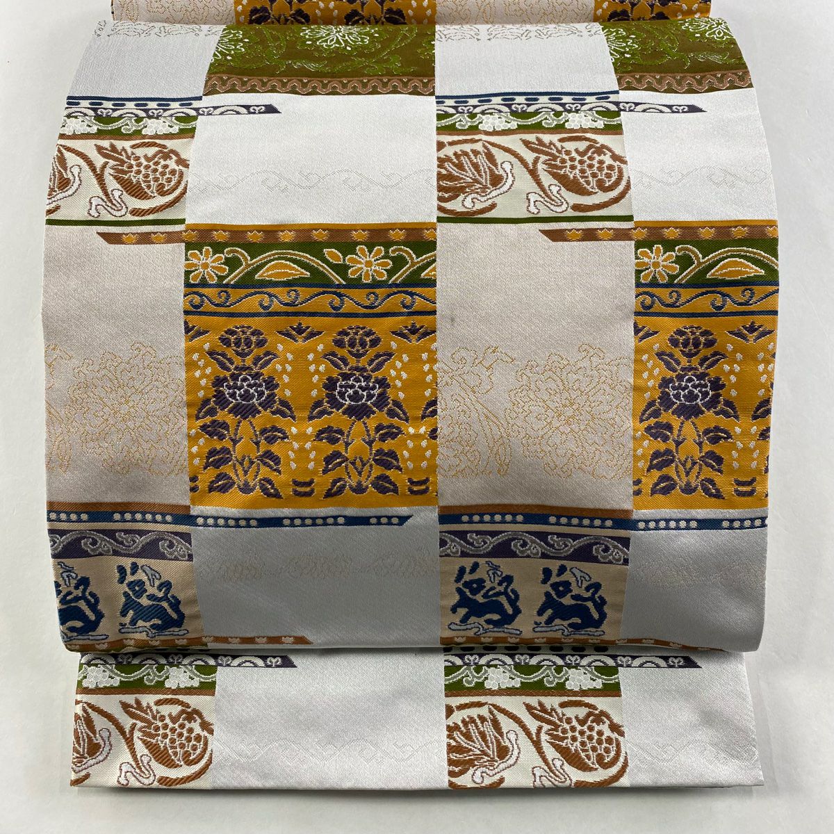 【美品】 袋帶 秀品級 草花紋紋 華紋 灰白 全通 化纖