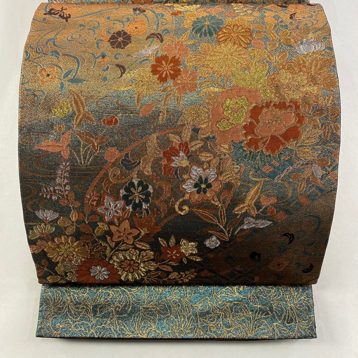 【美品】 袋帶 秀品級 草花紋 金銀彩 金金箔 金茶 六通 純蠶絲