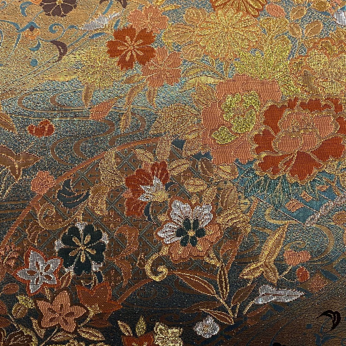【美品】 袋帶 秀品級 草花紋 金銀彩 金金箔 金茶 六通 純蠶絲