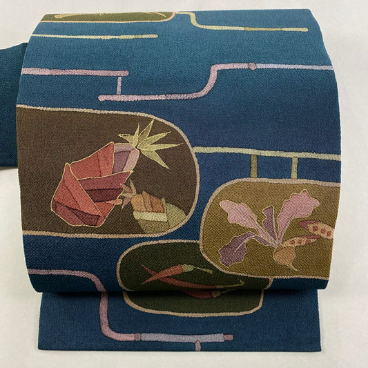 【美品】 名古屋帶 秀品級 蔬菜 幾何學 金銀彩 縮緬 純蠶絲