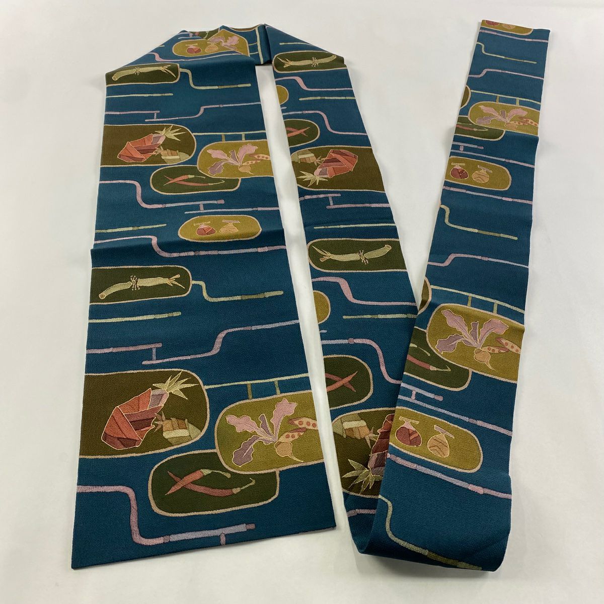 【美品】 名古屋帶 秀品級 蔬菜 幾何學 金銀彩 縮緬 純蠶絲