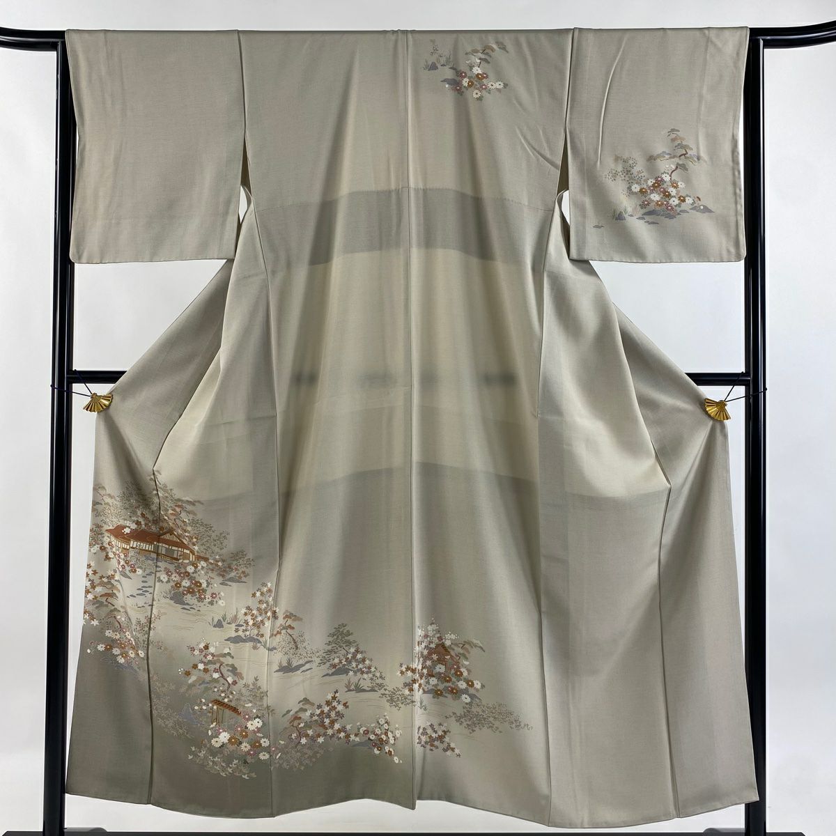 訪問服 身長153cm 袖長63.5cm S 雙層 松樹 家屋 金銀彩 漸層 淺茶 純蠶絲 優品級