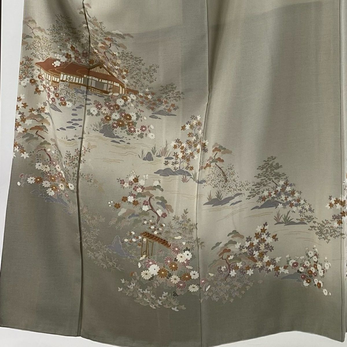 訪問服 身長153cm 袖長63.5cm S 雙層 松樹 家屋 金銀彩 漸層 淺茶 純蠶絲 優品級