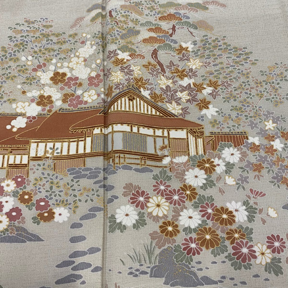 訪問服 身長153cm 袖長63.5cm S 雙層 松樹 家屋 金銀彩 漸層 淺茶 純蠶絲 優品級