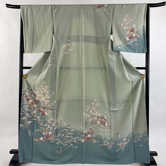 訪問服 身長168.5cm 袖長66cm M 雙層 松樹竹子梅花 菊花 金糸 刺繡 灰綠 純蠶絲 秀品級 一つ紋