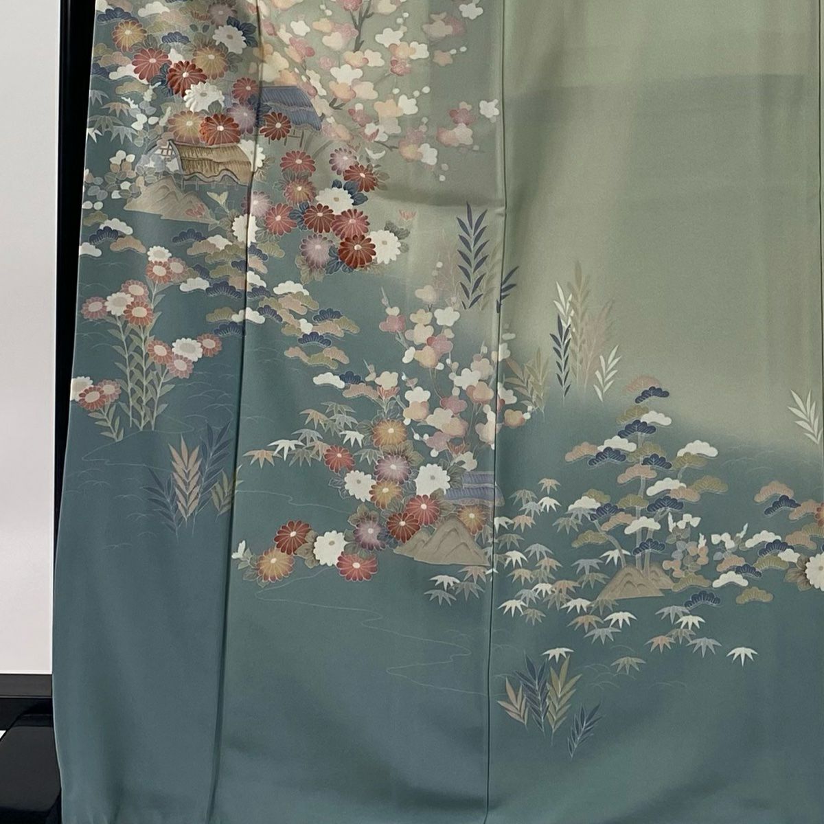 訪問服 身長168.5cm 袖長66cm M 雙層 松樹竹子梅花 菊花 金糸 刺繡 灰綠 純蠶絲 秀品級 一つ紋