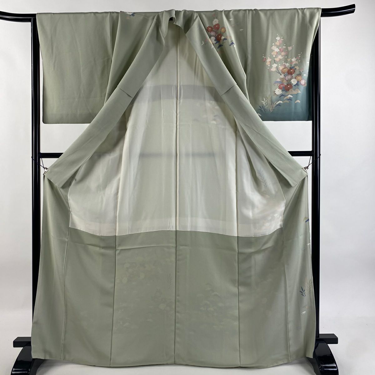 訪問服 身長168.5cm 袖長66cm M 雙層 松樹竹子梅花 菊花 金糸 刺繡 灰綠 純蠶絲 秀品級 一つ紋