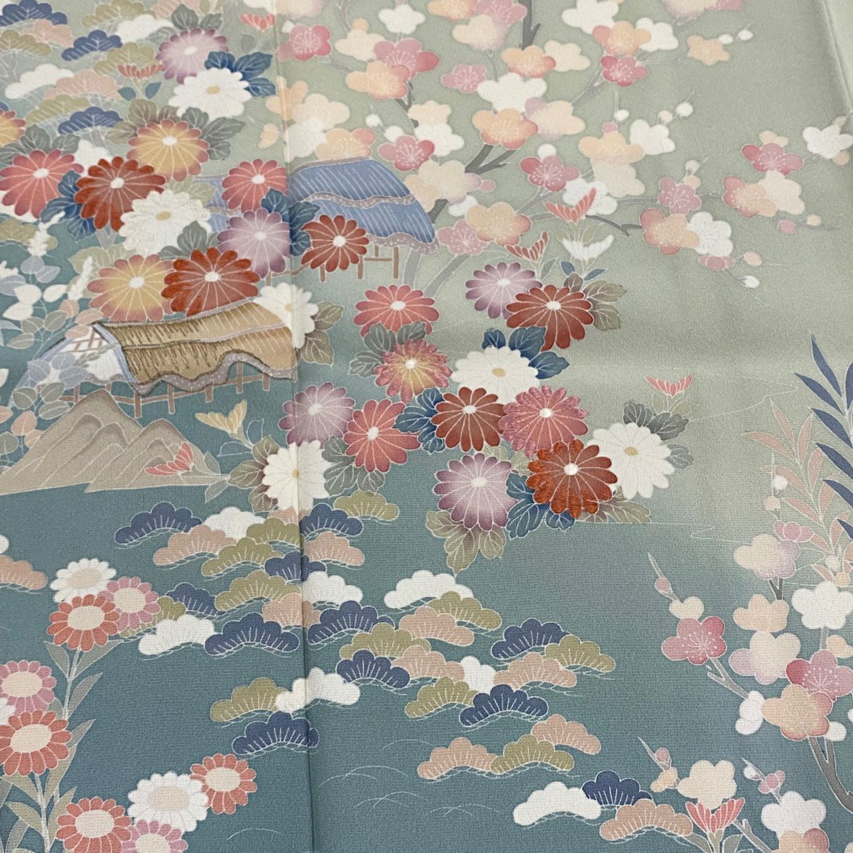 訪問服 身長168.5cm 袖長66cm M 雙層 松樹竹子梅花 菊花 金糸 刺繡 灰綠 純蠶絲 秀品級 一つ紋
