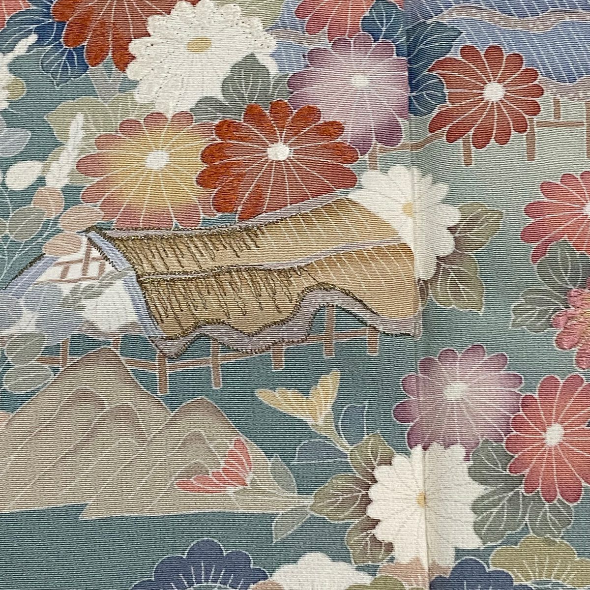 訪問服 身長168.5cm 袖長66cm M 雙層 松樹竹子梅花 菊花 金糸 刺繡 灰綠 純蠶絲 秀品級 一つ紋