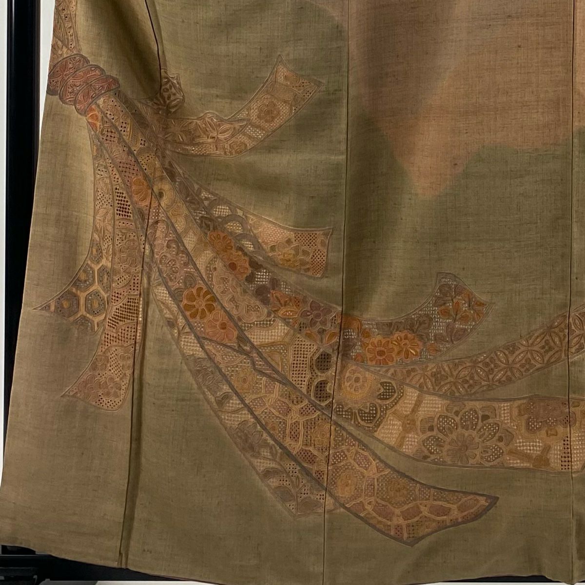 付下 身長161.5cm 袖長63cm S 雙層 紬織織 束捲熨斗紋 草花紋紋 刺繡 淺茶 純蠶絲 優品級