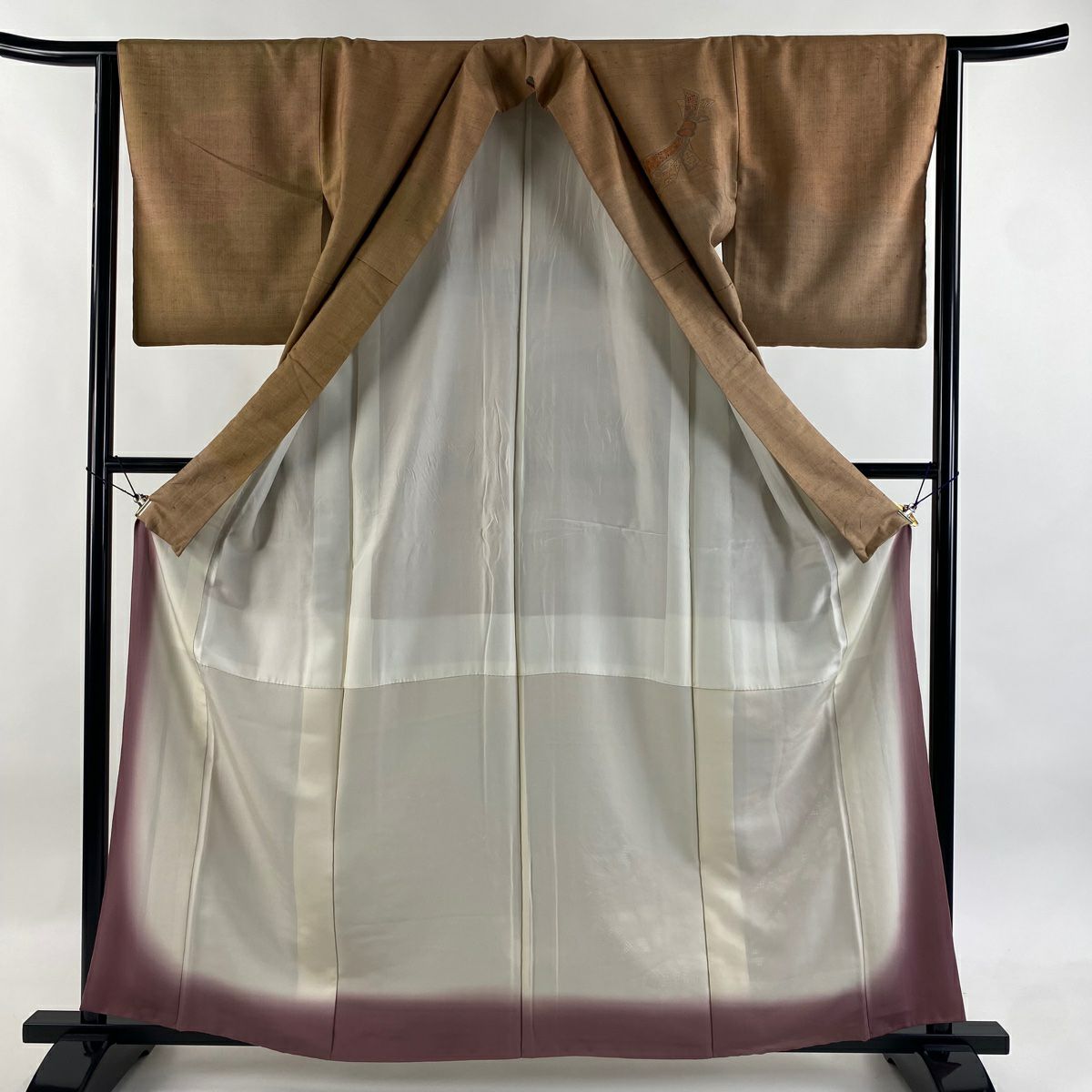 付下 身長161.5cm 袖長63cm S 雙層 紬織織 束捲熨斗紋 草花紋紋 刺繡 淺茶 純蠶絲 優品級