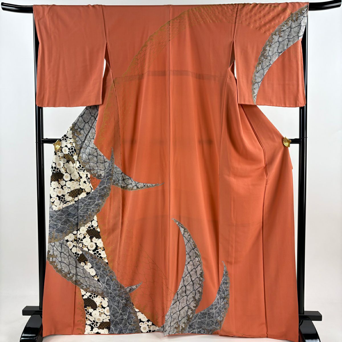 訪問服 身長167cm 袖長67cm M 雙層 扇子 草花紋紋 金絲 金銀彩 橙色 純蠶絲 優品級