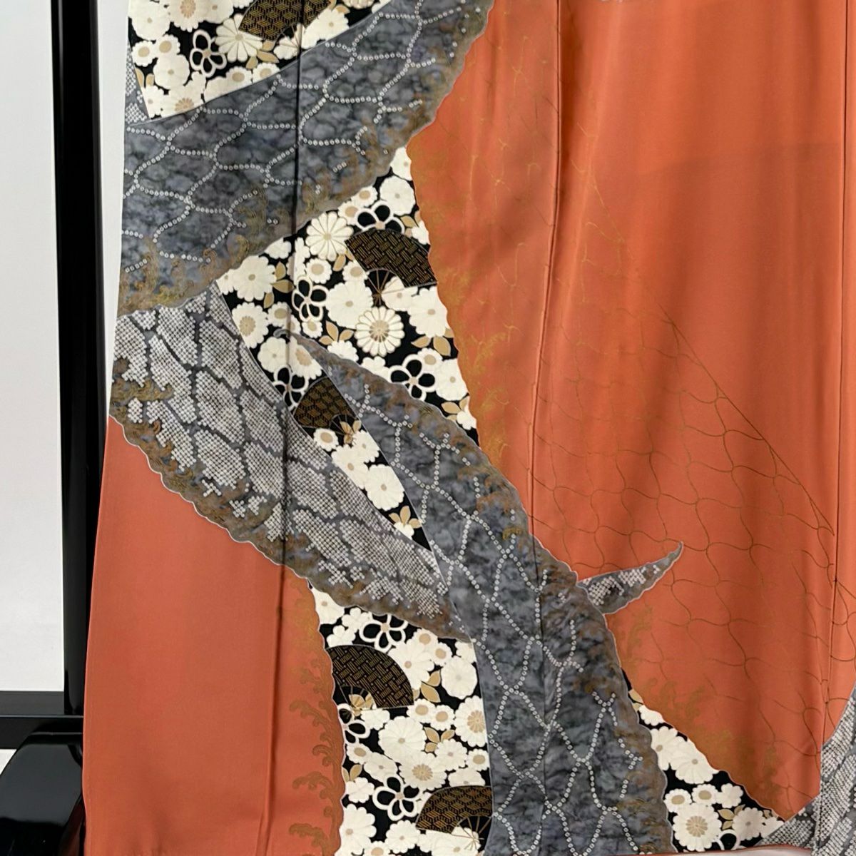 訪問服 身長167cm 袖長67cm M 雙層 扇子 草花紋紋 金絲 金銀彩 橙色 純蠶絲 優品級