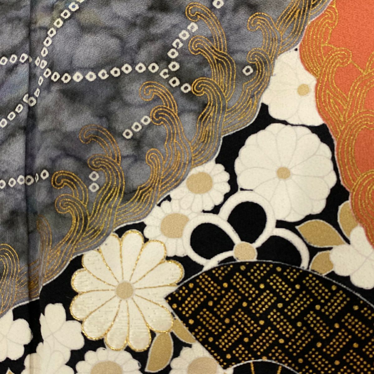 訪問服 身長167cm 袖長67cm M 雙層 扇子 草花紋紋 金絲 金銀彩 橙色 純蠶絲 優品級