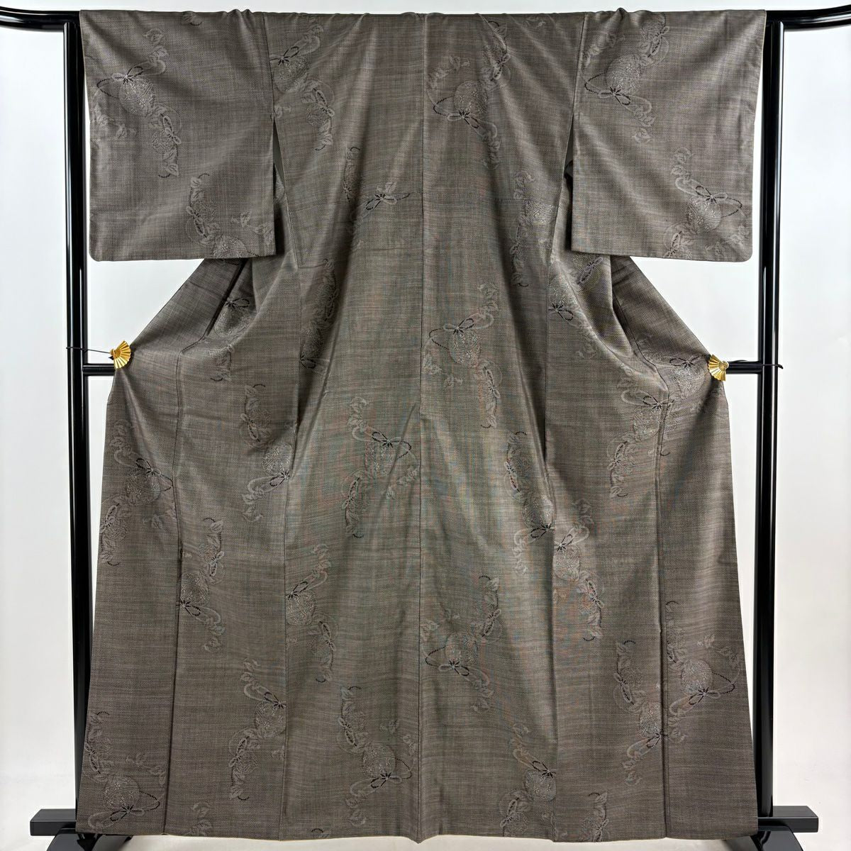 【美品】 紬織織 身長162cm 袖長64.5cm M 雙層 仕立 葉柄 灰茶 純蠶絲 秀品級