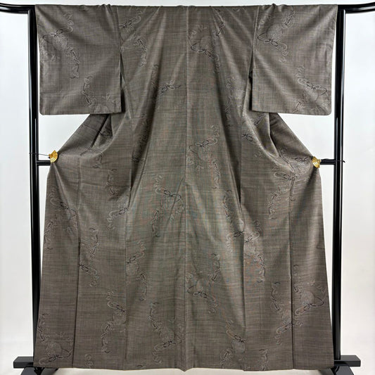 【美品】 紬織織 身長162cm 袖長64.5cm M 雙層 仕立 葉柄 灰茶 純蠶絲 秀品級